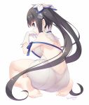  1girl artist_name ass back bare_back barefoot black_hair blue_eyes blueberry_(5959) breasts dungeon_ni_deai_wo_motomeru_no_wa_machigatteiru_darou_ka gloves hair_ribbon hestia_(danmachi) highres long_hair looking_back ribbon simple_background solo twintails white_background 