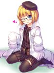  1girl :q beret blonde_hair blue_eyes bob_cut coat glasses hat mokyu_(kukoudesu) one_eye_closed oversized_clothes ribbed_sweater sennen_sensou_aigis short_hair sitting solo sweater thigh-highs tongue tongue_out wariza zettai_ryouiki 