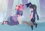  2girls akemi_homura alice_(wonderland)_(cosplay) alice_in_wonderland animal_ears apron black_hair bow bunnysuit choker closed_eyes hair_bow kaname_madoka mahou_shoujo_madoka_magica momoko_(palemon) multiple_girls pantyhose pink_hair playboy_bunny_leotard rabbit_ears short_twintails sitting twintails wariza 