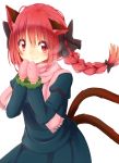  1girl animal_ears blush bow braid breath cat_ears cat_tail hair_bow kaenbyou_rin mittens red_eyes redhead scarf solo tail topia touhou twin_braids white_background winter_clothes 