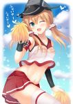  1girl ;d alternate_costume blonde_hair blush cheerleader hat kantai_collection long_hair looking_at_viewer midriff navel one_eye_closed open_mouth peaked_cap pom_poms prinz_eugen_(kantai_collection) skirt smile solo sweat thigh-highs tomoo_(tomo) translation_request twintails white_legwear zettai_ryouiki 