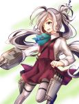  1girl ahoge asashimo_(kantai_collection) boots bowtie clenched_hand grey_eyes grey_hair grey_legwear kantai_collection long_hair long_sleeves multicolored_hair one_leg_raised pantyhose ponytail purple_skirt school_uniform skirt solo two-tone_hair x_na 