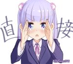  1girl blush dot_nose flower formal hair_flower hair_ornament long_hair long_sleeves looking_at_viewer neck_ribbon new_game! open_hands open_mouth purple_hair raised_hand ribbon ricar simple_background solo suit suzukaze_aoba translation_request twintails twitter_username violet_eyes white_background 