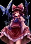  1girl ascot black_background blurry bow brown_hair butterfly detached_sleeves frills hair_bow hair_ornament hair_tubes hakurei_reimu highres japanese_clothes kachayori lips long_hair long_sleeves looking_at_viewer miko open_mouth red_eyes shirt simple_background skirt skirt_lift skirt_set solo star_(sky) touhou wide_sleeves 