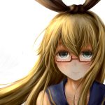  1girl bare_shoulders bespectacled blonde_hair bow glasses grey_eyes hair_bow hairband kantai_collection light_smile long_hair looking_at_viewer neckerchief noratama-nyan red-framed_glasses sailor_collar semi-rimless_glasses shimakaze_(kantai_collection) simple_background smile solo under-rim_glasses upper_body white_background 