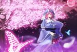  1girl arm_ribbon blurry breasts cherry_blossoms closed_fan clouds covering_mouth depth_of_field dual_wielding fan folding_fan full_moon glowing_butterfly hand_up highres hitodama japanese_clothes kimono large_breasts light_particles looking_to_the_side mist mob_cap moon night night_sky obi petals pink_eyes pink_moon ribbon ribbon-trimmed_collar ribbon_trim saigyouji_yuyuko sash sky solo standing touhou tree triangular_headpiece veil zeramu 