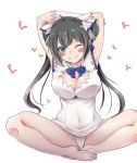 1girl arm_ribbon armpits arms_behind_head arms_up bare_shoulders barefoot black_hair blue_eyes blush blush_stickers bow breasts butterfly_sitting cleavage cleavage_cutout collarbone covered_navel dress dungeon_ni_deai_wo_motomeru_no_wa_machigatteiru_darou_ka gloves hair_ornament hair_ribbon heart hestia_(danmachi) indian_style large_breasts long_hair looking_at_viewer one_eye_closed panties ribbon short_dress simple_background sitting sleeveless sleeveless_dress smile solo twintails underwear white_background white_dress white_gloves white_panties 