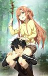  1boy 1girl asuna_(sao) black_hair blush branch brown_eyes brown_hair carrying closed_eyes kirito long_hair nyoronyoro short_hair shoulder_carry sword_art_online twig 