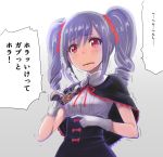  1girl blush capelet crossover drill_hair gloves idolmaster idolmaster_cinderella_girls kamen_rider kamen_rider_kiva kamen_rider_kiva_(series) kanzaki_ranko kivat-bat_iii long_hair o223 open_mouth red_eyes silver_hair solo translation_request twin_drills twintails 