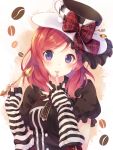  1girl black_shirt blush bokura_wa_ima_no_naka_de bow buttons coffee_beans elbow_gloves fingernails fork frilled_sleeves frills gloves hand_to_own_mouth hat hat_bow hat_ornament highres holding love_live!_school_idol_project nail_polish nishikino_maki nononon pink_nails puffy_short_sleeves puffy_sleeves redhead shirt short_hair short_sleeves simple_background solo spoon striped striped_bow striped_gloves tongue tongue_out top_hat upper_body violet_eyes 