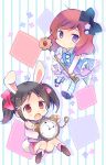  2girls :&lt; :o animal_ears bangs black_hair boots bow bunny_tail chibi clock dress elbow_gloves flower frilled_dress frills gloves hair_bow hair_flower hair_ornament hairclip key looking_at_viewer love_live!_school_idol_project multiple_girls nishikino_maki ousaka_nozomi rabbit_ears red_eyes redhead shoes short_twintails striped striped_legwear swept_bangs tail twintails vertical-striped_background vertical_stripes violet_eyes yazawa_nico 