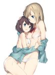  2girls blue_eyes bra breast_press brown_hair holding_hands hug jacket_off_shoulders long_hair mound_of_venus multiple_girls original panties short_hair side-tie_panties smile underwear weee_(raemz) white_background white_bra white_panties yuri 