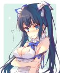  black_hair blue_eyes blush breasts cleavage_cutout dress dungeon_ni_deai_wo_motomeru_no_wa_machigatteiru_darou_ka hestia_(danmachi) large_breasts long_hair reia tears twintails white_dress 