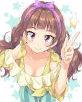  1girl amanogawa_kirara breasts brown_hair cleavage go!_princess_precure hairband long_hair looking_at_viewer precure smile solo star starry_background twintails violet_eyes 