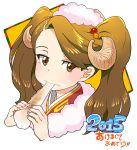  1girl 2015 brown_eyes brown_hair eating eyelashes gundam gundam_build_fighters gundam_build_fighters_try hair_ornament horns long_hair looking_to_the_side moudoku_(decopon3rd) portrait sazaki_kaoruko solo tagme translation_request twintails 