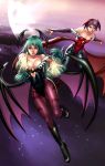  2girls aqua_hair bare_shoulders black_boots black_leotard blue_legwear boots demon_wings flying green_hair head_wings highleg highleg_leotard knee_boots leotard lilith_aensland liteboxxx long_hair moon morrigan_aensland multiple_girls olei outstretched_arms pantyhose parted_lips print_legwear purple_legwear red_leotard short_hair spread_arms vampire_(game) very_short_hair wings 