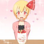  1girl alternate_costume blonde_hair blush cato_(monocatienus) collarbone contemporary dessert drooling food fruit hair_ribbon heart looking_at_viewer mochi parfait pocky pov red_eyes ribbon rumia short_hair solo sparkle strawberry tareme touhou upper_body very_short_hair wagashi 