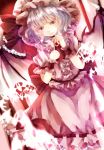  1girl ascot bat_wings brooch dress hat hat_ribbon jaku_sono jewelry mob_cap pink_dress pink_eyes puffy_short_sleeves puffy_sleeves remilia_scarlet ribbon short_sleeves silver_hair solo touhou wings wrist_ribbon 