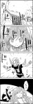  1girl 4koma bow comic detached_sleeves frog_hair_ornament hair_ornament hat hat_bow highres kirisame_marisa kochiya_sanae mazinger_z mazinger_z_(mecha) monochrome smile snake_hair_ornament sparkle tani_takeshi touhou translation_request witch_hat yukkuri_shiteitte_ne 