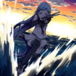  1girl aiming_at_viewer backlighting blue_eyes blue_hair clouds highres kantai_collection long_hair looking_at_viewer samidare_(kantai_collection) serious solo straight_hair suusuke tagme twilight very_long_hair water water_drop 