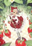  1000marie 1girl blurry checkered checkered_floor depth_of_field flower food food_themed_clothes fruit green_eyes looking_at_viewer minigirl open_mouth original pantyhose solo strawberry strawberry_hair_ornament white_legwear 