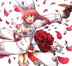  1girl animal_ears blue_eyes breasts cleavage cleavage_cutout elphelt_valentine gloves guilty_gear guilty_gear_xrd highres open_mouth pink_hair rabbit_ears short_hair solo spikes sukesan 