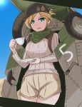  1girl aec_armored_command_vehicle beret blonde_hair blue_eyes cup desert hat mecha_musume milihime_taisen montgomery_(milihime_taisen) plate scarf shade short_hair shorts sweater teacup wheels 
