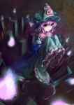  1girl blue_dress bow dark dress frills full_body grave graveyard hat hitodama japanese_clothes kachayori long_sleeves looking_at_viewer mob_cap open_mouth pink_eyes pink_hair ribbon saigyouji_yuyuko sash short_hair solo touhou triangular_headpiece wide_sleeves 