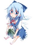  1girl absurdres barefoot blue_dress blue_eyes blue_hair bow cirno dress dress_shirt frozen_fruit hair_between_eyes hair_bow hakobako highres ice ice_wings looking_at_viewer open_mouth puffy_short_sleeves puffy_sleeves shirt short_hair short_sleeves solo touhou white_blouse wing_collar wings 