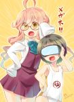  &gt;:d 2girls :d adjusting_glasses ahoge black_hair brown_eyes diving_mask double_bun glasses hand_on_hip highres imu_sanjo kantai_collection long_hair long_sleeves makigumo_(kantai_collection) maru-yu_(kantai_collection) multiple_girls open_mouth pink_hair pose school_swimsuit school_uniform short_hair sleeves_past_wrists smile swimsuit translation_request twintails 