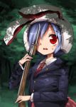  1girl animal_ears covering_one_eye crescent harusame_(unmei_no_ikasumi) helmet jacket lavender_hair long_sleeves necktie open_mouth rabbit_ears red_eyes reisen shirt short_hair skirt solo sweatdrop touhou tree_shade vest weapon 