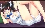  1girl :q black_hair blue_eyes blush breasts cleavage dungeon_ni_deai_wo_motomeru_no_wa_machigatteiru_darou_ka hair_ribbon hestia_(danmachi) kairos+ large_breasts letterboxed long_hair panties ribbon solo tongue tongue_out twintails underwear white_panties 