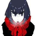  1girl alternate_hair_length alternate_hairstyle black_hair blue_eyes breath eyebrows female gloves kill_la_kill kiryuuin_satsuki looking_to_the_side scarf short_hair simabe solo steepled_fingers thick_eyebrows winter_clothes 