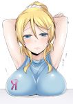  1girl arms_behind_head ayase_eli blonde_hair blue_eyes breast_rest breasts hair_ornament hairclip large_breasts looking_at_viewer love_live!_school_idol_project miyamoto_rizu ponytail simple_background solo white_background 