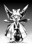  1girl barefoot bow cirno dress frozen hair_bow ice ice_wings kuroda_osafune monochrome ribbon short_hair smile solo tongue tongue_out touhou wings 