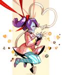  blue_skin blush closed_eyes commentary cookie cosplay dress flats food full_body jumping leviathan_(skullgirls) long_hair looking_at_another ng_(kimjae737) pantyhose pink_dress purple_hair skullgirls squigly_(skullgirls) sticky_bug_(vocaloid) striped striped_legwear vocaloid 