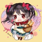  1girl artist_name basket black_hair bow chibi dress flower hair_bow holding holding_flower looking_at_viewer love_live!_school_idol_festival love_live!_school_idol_project ofuton_(2525ofuton) red_eyes ribbon solo twintails wide_face yazawa_nico 