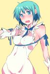  1girl blue_eyes blue_hair blush dungeon_ni_deai_wo_motomeru_no_wa_machigatteiru_darou_ka gloves hair_ornament hairclip hestia_(danmachi) hestia_(danmachi)_(cosplay) mahou_shoujo_madoka_magica miki_sayaka momoko_(palemon) short_hair sleeveless solo sweatdrop 