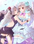 1girl angel_wings canape_(canape0130) dress drill_hair dual_persona idolmaster idolmaster_cinderella_girls kanzaki_ranko long_hair open_mouth red_eyes rosenburg_engel silver_hair thigh-highs twin_drills twintails wings 