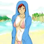  1girl absurdres bikini blush breasts cleavage dead_or_alive dead_or_alive_5 hands_in_pockets highres hoodie kbt-type large_breasts looking_at_viewer mila_(doa) open_clothes open_hoodie pink_bikini red_eyes redhead short_hair sketch solo swimsuit 
