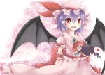  1girl :&lt; arm_behind_back ascot bat bat_wings blue_hair bow brooch fangs floral_background gradient gradient_background hat hat_ribbon heart holding_animal jewelry looking_at_viewer mob_cap open_mouth pink_background puffy_short_sleeves puffy_sleeves red_eyes remilia_scarlet ribbon satorichan short_hair short_sleeves skirt skirt_set solo touhou wings |_| 