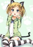  1girl animal_ears black_eyes blonde_hair blush cat_ears cat_tail looking_at_viewer open_mouth paw_pose solo striped striped_legwear tail thigh-highs 