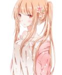  1girl bare_shoulders blonde_hair blush collarbone flower hair_flower hair_ornament hiro_(hirohiro31) jacket long_hair looking_at_viewer off_shoulder open_clothes open_jacket original red_eyes shirt solo twintails very_long_hair 