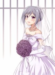  1girl bouquet bride dress elbow_gloves flower gloves highres idolmaster idolmaster_cinderella_girls kanzaki_ranko long_hair red_eyes silver_hair smile solo uraichishi veil wedding_dress 