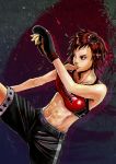  1girl abs boxing_gloves breasts brown_eyes brown_hair dead_or_alive dead_or_alive_5 high_kick highres hiropon_(hiropong) kicking large_breasts lips midriff mila_(doa) navel nose serious short_hair shorts solo sports_bra sweat 