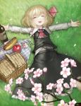  1girl apple ascot basket blonde_hair bottle cherry_blossoms closed_eyes food fruit hair_ribbon highres hot_dog long_sleeves lying on_back open_mouth outstretched_arms petals ribbon rumia sake_bottle shirt skirt skirt_set smile solo spark621 touhou vest 