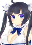  1girl absurdres arm_ribbon black_hair blue_eyes blush bow breasts cleavage cleavage_cutout dress dungeon_ni_deai_wo_motomeru_no_wa_machigatteiru_darou_ka hair_ornament hair_ribbon hestia_(danmachi) highres large_breasts long_hair looking_at_viewer pouty_lips ribbon short_dress simple_background smile solo soubee1 twintails upper_body white_background white_dress 