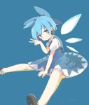  1girl blue_background blue_dress blue_eyes blue_hair bow cirno dress exrail fairy hair_bow hair_ornament highres ice ice_wings looking_at_viewer mary_janes puffy_sleeves shoes short_hair short_sleeves simple_background smile solo touhou v vest wings 