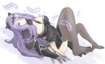  1girl breasts camilla_(fire_emblem_if) cleavage drako9 feathers feet fire_emblem fire_emblem_if hair_over_one_eye highres light_smile long_hair looking_at_viewer pantyhose purple_hair solo thighs violet_eyes 