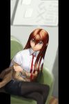  1girl absurdres blue_eyes brown_hair fork_(357022) hair_between_eyes highres long_hair makise_kurisu necktie pantyhose shorts solo steins;gate 